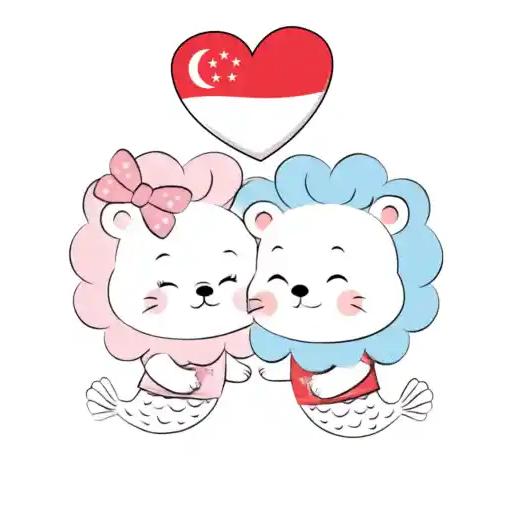 Mei-Lah and Lio embracing beneath a Singapore flag heart, marking National Day.