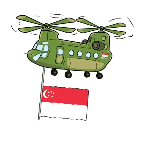 An illustrated Chinook helicopter towing a Singapore flag banner across the sky.