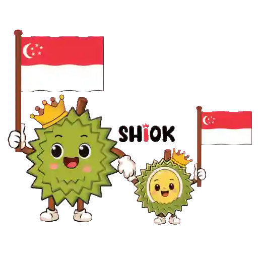 Two durian characters celebrating with Singapore flags.
