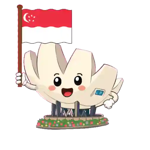 An illustrated ArtScience Museum character holding a Singapore flag.