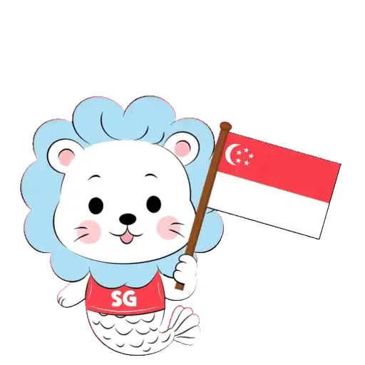 A solo lion character holding a Singapore flag.