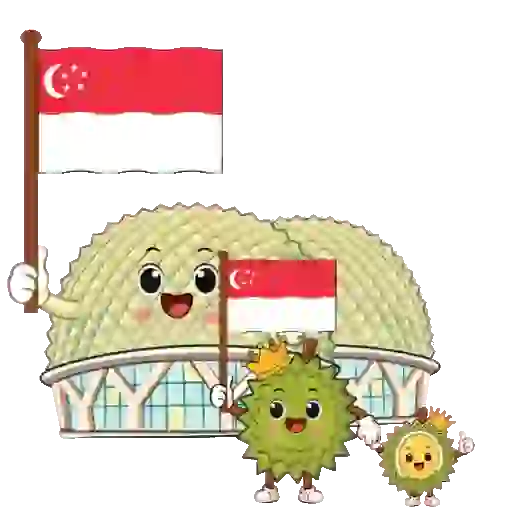 The Esplanade dome with two durian characters celebrating Singapore.