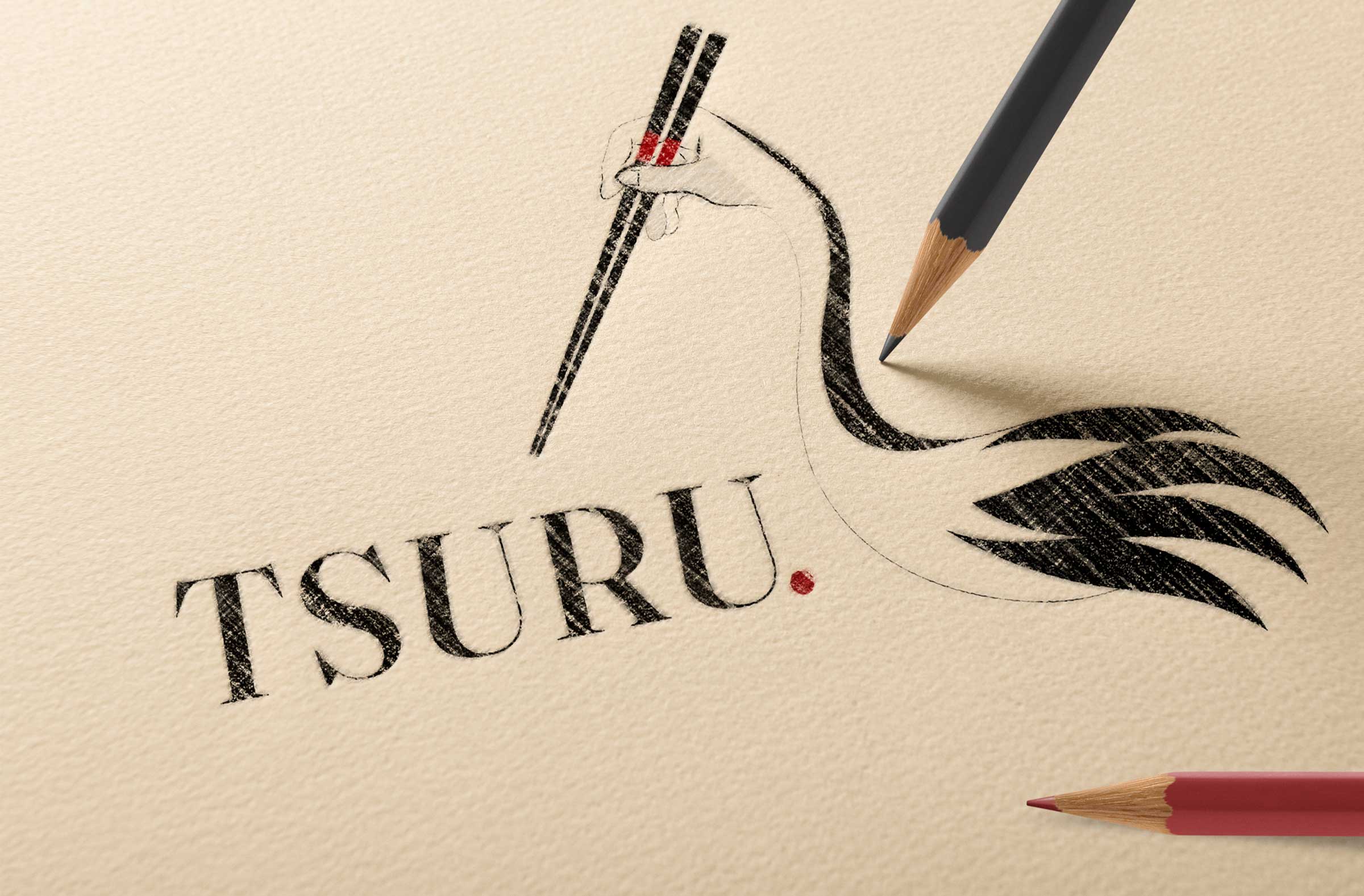 A resolved pencil study: the chef's hand and chopsticks flow directly into the crane's neck and wing in one continuous gesture, with the TSURU wordmark beneath.