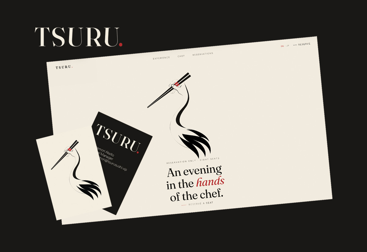 TSURU brand identity and website interface — crane motif mark, stationery and reservation site details