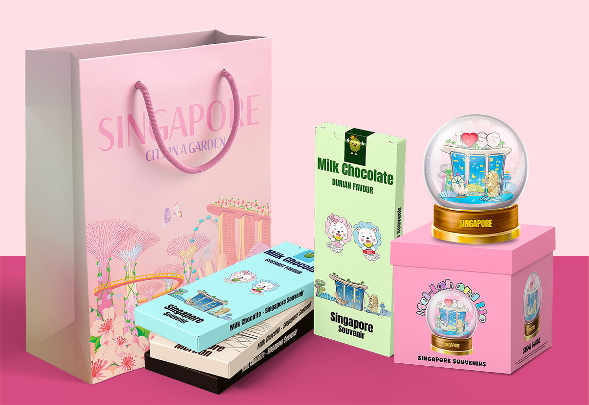 Mei-Lah & Lio character illustration applied across tote bags and packaged chocolate products