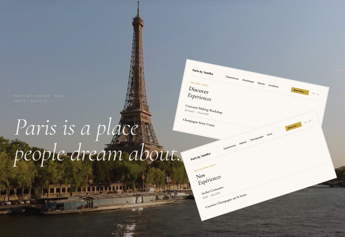 Paris by Yumiko editorial website interface featuring Eiffel Tower imagery and a bilingual booking journey